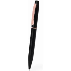 A black pen with a rose gold clip and detailing, featuring a sleek design and shiny finish.