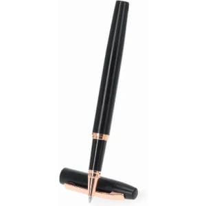 A black pen with a rose gold accent, featuring a capped design and a sleek finish.