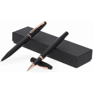 A black pen set with rose gold accents, presented in a sleek black box.