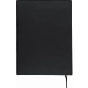 A black notebook with a smooth cover and a ribbon bookmark, featuring a logo at the bottom.