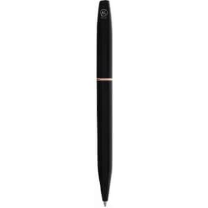 A black pen with a metallic gold accent and a logo on the top.
