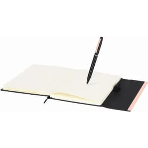 A black notebook with a pink ribbon and a pen resting on an open page. The interior pages are blank.