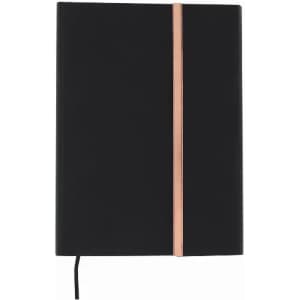 A black notebook with a rose gold stripe down the centre and a ribbon bookmark. Features a logo on the cover.