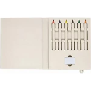 A set of coloured crayons in a beige and white case, featuring eight vibrant crayon colours with an attached drawer.