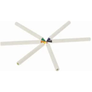 A set of five white drink bottle straws with coloured tips in green, yellow, blue, and purple.