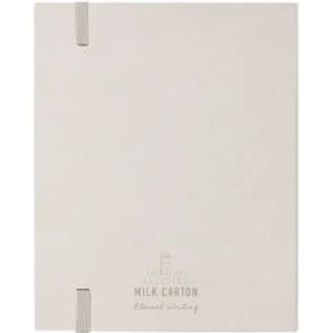 A white notebook with a textured cover and elastic closure, featuring an embossed logo at the bottom.
