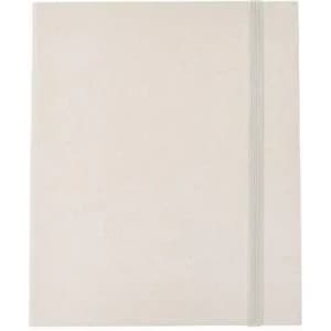 A plain, light-coloured notebook with a simple grey elastic band closure. It has a clean, minimalist design.
