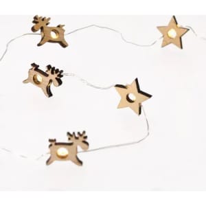 A string of decorative fairy lights featuring wooden reindeer and star shapes connected by a thin wire.