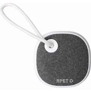 A compact, square Bluetooth speaker in grey fabric with a white attachment loop and a logo.
