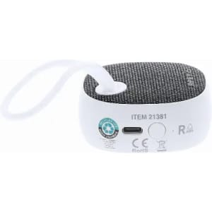 A compact speaker with a grey fabric top and white base, featuring a USB-C port and a loop for carrying.