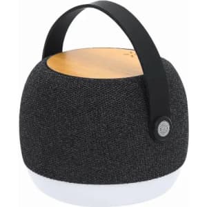 A portable speaker featuring a black fabric exterior and wooden top, with a handle for easy transport.