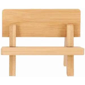 A wooden bench made of light-coloured bamboo, featuring a simple design with a backrest and four legs.