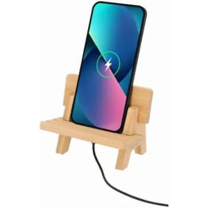 A phone stand made of wood with a smartphone displayed, featuring a charging animation on the screen.