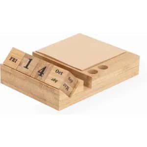 A wooden desk calendar with movable date and month blocks, accompanied by a notepad section.