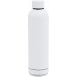 A drink bottle in white with a sleek design and a metallic base, featuring a logo.
