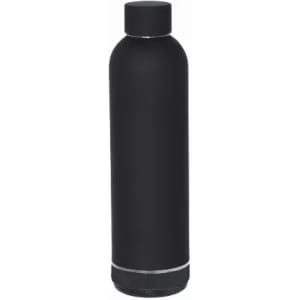 A drink bottle in matte black with a rounded body and a silver base. It features a simple logo on the side.