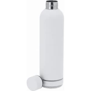A drink bottle in white with a silver base and a screw-on lid. The bottle features a logo.