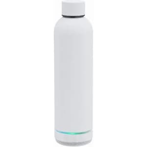 A drink bottle in white with a sleek design and a circular base featuring a logo.