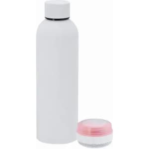 A drink bottle in white with a matching small container in pink and silver, featuring a simple design and a logo.