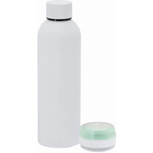 A drink bottle in white accompanied by a small green and clear container, both featuring branding.