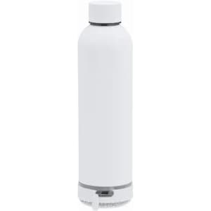 A drink bottle in white with a grey base and a rounded cap, featuring a branding logo.