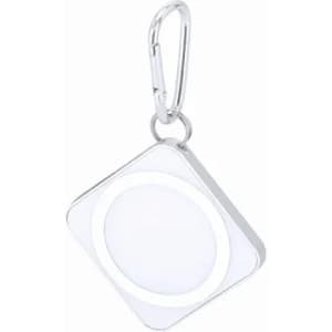 A silver keychain with a diamond shape and a circular lens in the centre, featuring a metal clip.