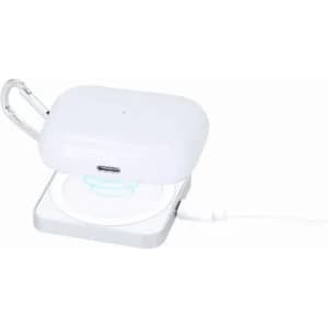 A charging case in white with a silver base, featuring a carabiner, positioned on a charging cable.
