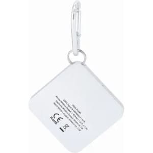 A silver diamond-shaped keyring with a metal clip. The back features a brief informational print.