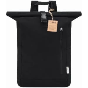 A roll-top backpack in black with a side zip pocket and a logo tag.