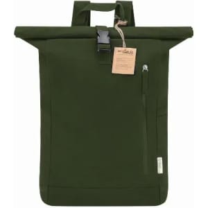 A roll-top backpack in dark green with a front zip pocket and a brand tag attached.