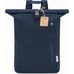 A roll-top backpack in navy blue with a front zipper pocket and a tag, featuring adjustable straps.