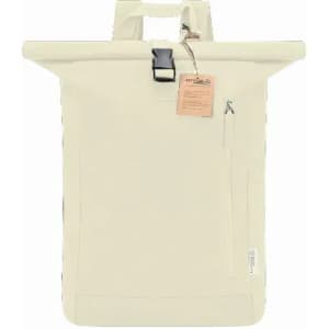 A drink bottle in a cream colour with a roll-top design, featuring a handle and a zip pocket. It has a logo.