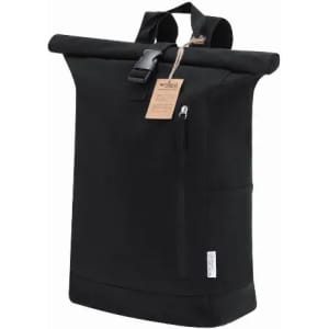 A black roll-top backpack featuring adjustable straps, a front zip pocket, and a tag attached.