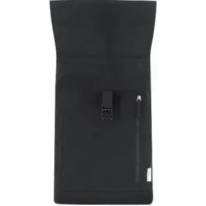 A black backpack with a roll-top closure and a side zipper pocket, featuring a strap and a logo.