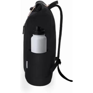 A drink bottle in a side pocket of a black backpack, featuring a sleek design and a logo on the front.