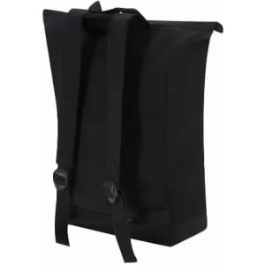 A backpack in black with adjustable straps and a roll-top closure, featuring minimalistic design and no visible branding.