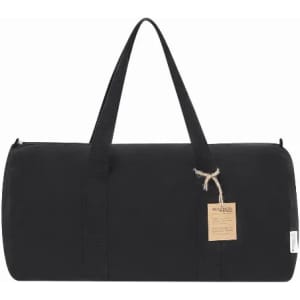 A black duffel bag with two handles and a tag attached. The bag has a sleek, minimalist design.