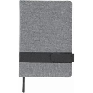 A notebook with a grey textured cover, featuring a black elastic band and a ribbon bookmark. It has a logo on the front.