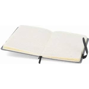 An open notebook with lined pages, featuring a grey cover and a black ribbon bookmark.