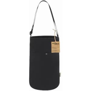 A black drink bottle bag with a shoulder strap and a front pocket, featuring a tag and logo.