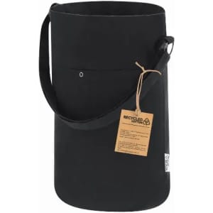 A black recycled cotton bag with a shoulder strap and a small front pocket. It features a tag attached.