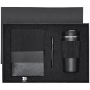 A black gift box containing a drink bottle, notebook, pen, and a small item, all in black packaging.