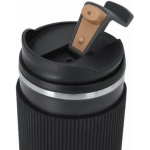 A drink bottle in black with a textured surface and a brown flip-top lid. It features a logo on the side.