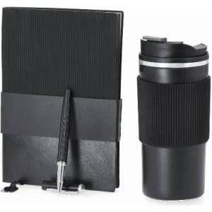 A drink bottle and notebook set in black, featuring a matching pen and a sleek, ribbed design.