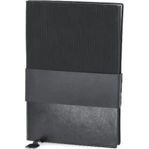 A notebook with a ribbed black cover and a matching elastic band for closure. Features a sleek, modern design.