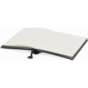 An open notebook with blank pages and a black cover, featuring a bookmark.