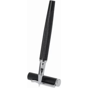 A black pen with a textured grip and chrome accents, resting on its cap. The design is sleek and modern.