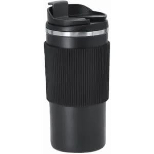 A drink bottle in black with a ribbed grip and a lid featuring a spout. It has a sleek, modern design.