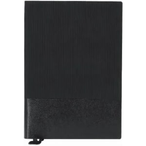 A black notebook featuring ribbed texture and a glossy black bottom. It has a simple design with a logo.