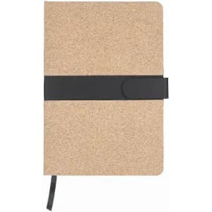 A notebook with a cork exterior and a black elastic band closure, featuring a ribbon bookmark.